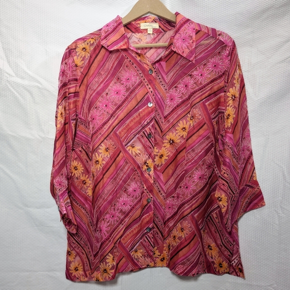 Choices Sheer Bright Pink Floral Button Down Top - 1X - Picture 2 of 8